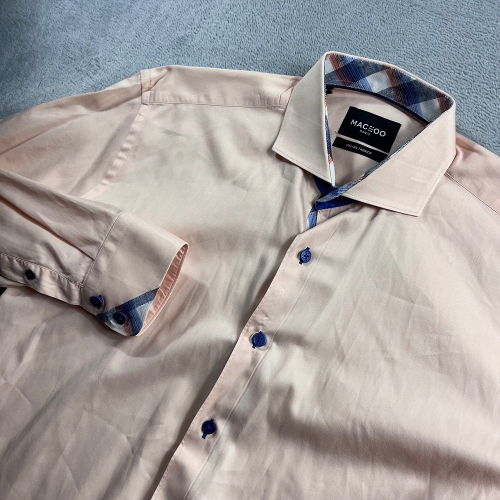 Maceoo Paris Men Pink Italian Fabric Plaid Trim Button Down Dress Shirt Size 4 L